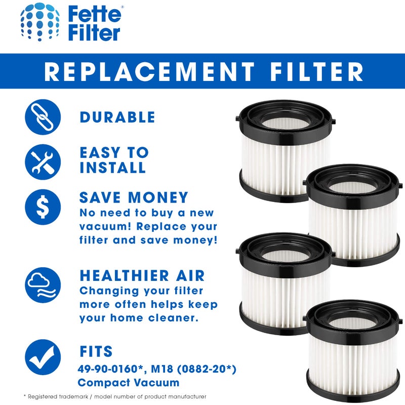 Fette Filter - HEPA Dry Filter Compatible with Milwaukee Part Number 49-90-0160, 49-90-1951 for M18 Compact Vacuum Model Number 0882-20 Includes 4 Replacement Filters. - Image 3